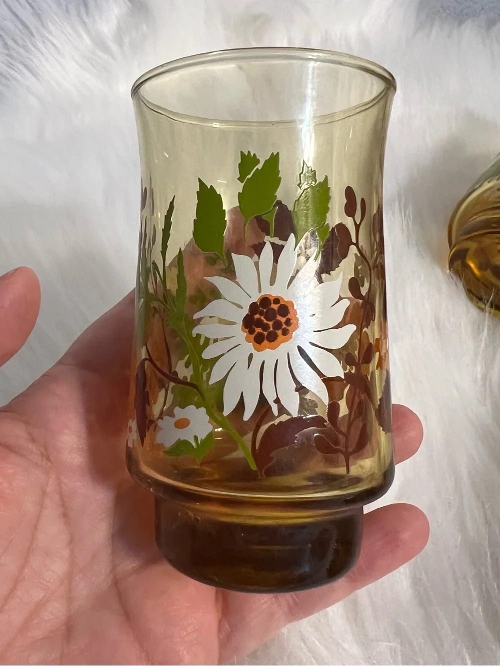 Libbey Juice Glasses Flower Amber Groovy 1970s Vintage - 4 pcs